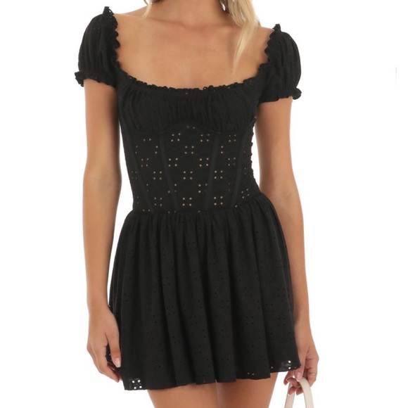NWT Lucy in the Sky Ronnie Corset Puff Sleeve Eyelet Lace Dress in Black - Picture 2 of 4